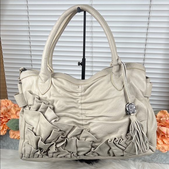 Vince Camuto Light Gray Satchel Ruffle Leather Bag - Picture 1 of 11